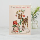 Weihnachtsmann Rentier und Mädchen Feiertagskarte (Stehend Vorderseite)