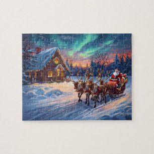 Weihnachtsmann-Rentiere-Hütte-Nordlichter Weihnach Puzzle