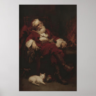 Weihnachtsmann Sankt Nikolaus ruht neben Katze und Poster