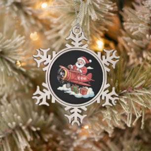 Weihnachtsmann Santa Claus Pilot Fliegendes Flugze Schneeflocken Zinn-Ornament