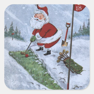 Weihnachtsmann Santa Golfen im Vintage Stil Quadratischer Aufkleber