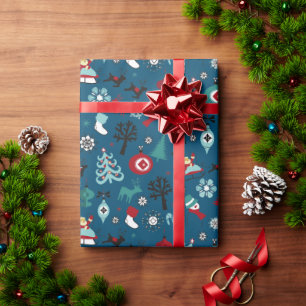 Weihnachtsmann-Schlitten-Rentier-Tannenbaum-Kunstm Geschenkpapier