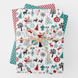 Weihnachtsmann-Schlitten-Rentier-Tannenbaum-Kunstm Geschenkpapier Set