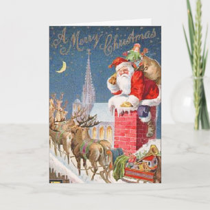 Weihnachtsmann-Schlitten und Kamin Vintage-Weihnac Feiertagskarte