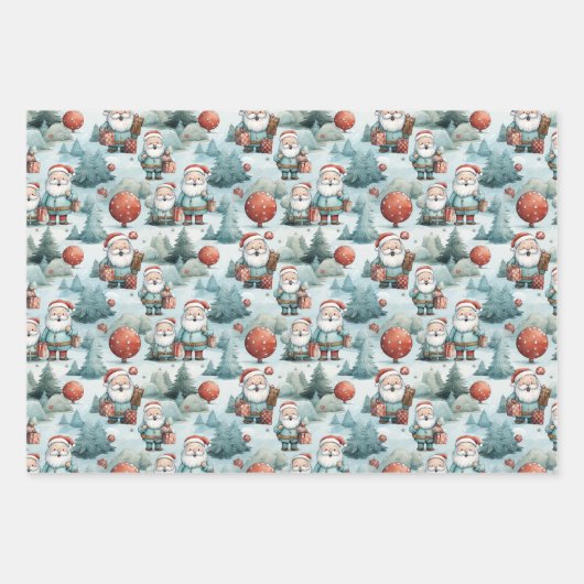 Weihnachtsmann, Schneemänner und Weihnachtsbaumen Geschenkpapier Set (Vorderseite 2)