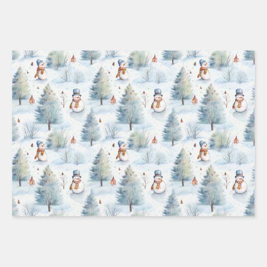 Weihnachtsmann, Schneemänner und Weihnachtsbaumen Geschenkpapier Set (Vorderseite)