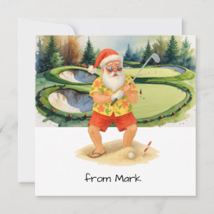 Weihnachtsmann spielt Golf auf dem Golfplatz in Ba Feiertagskarte