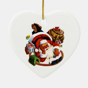 Weihnachtsmann spielt mit Zügen Keramikornament