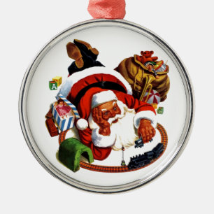 Weihnachtsmann spielt mit Zügen Silbernes Ornament