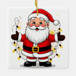 Weihnachtsmann stehend mit Weihnachtslichtern Keramikornament