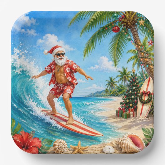 Weihnachtsmann Surfen Strand Blick Weihnachtsfeier Pappteller (Vorderseite)