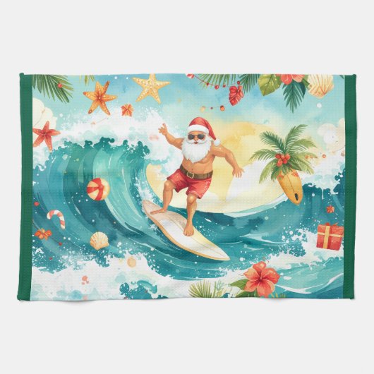Weihnachtsmann surft auf Weihnachtsfeiertag Geschirrtuch (Horizontal)
