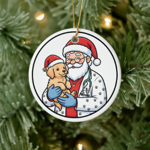 Weihnachtsmann-Tierarzt mit Welpen-Weihnachtsbaums Keramik Ornament