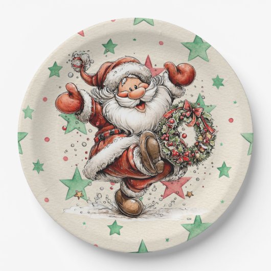 Weihnachtsmann Tritt Einen Weihnachtskranz Pappteller (Vorderseite)