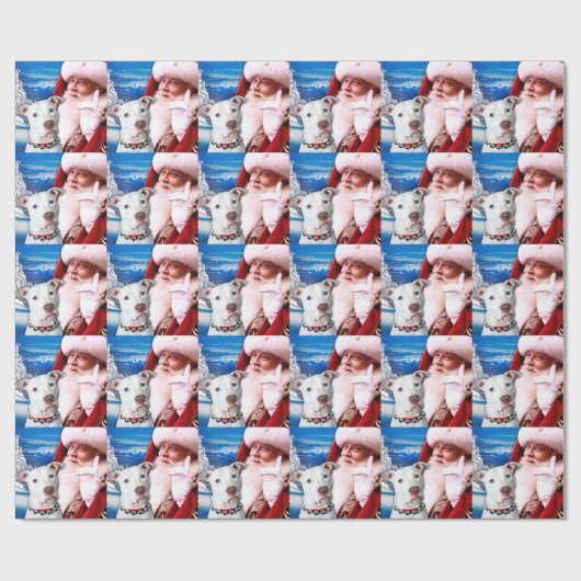 Weihnachtsmann u. weißer Pitbull Terrier Hund Geschenkpapier (Flach)