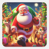 Weihnachtsmann und 2 Rentierbilder Quadratischer Aufkleber (Vorderseite)