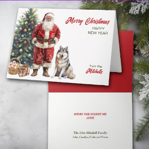 Weihnachtsmann und Alaskan Malamute Dog Weihnachte Feiertagskarte