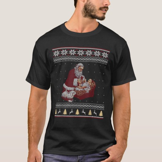 Weihnachtsmann und Baby Jesus Krippe Christm T-Shirt (Vorderseite)