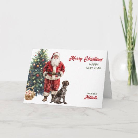 Weihnachtsmann und Deutsch Drahthaar Feiertagskarte (Vorderseite)