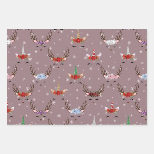 Weihnachtsmann und Einhörner auf Rosa Geschenkpapier Set (Vorderseite)