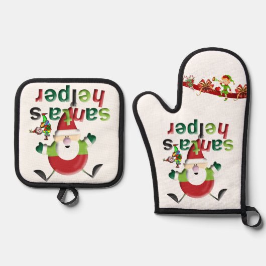 Weihnachtsmann und Elf Oven Mitt & Pot Holder Ofenhandschuh & Topflappen-Set (Vorderseite)