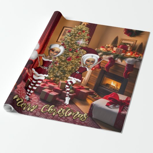 Weihnachtsmann und Elfen nach der Arbeit. Geschenkpapier (Ungerollt)