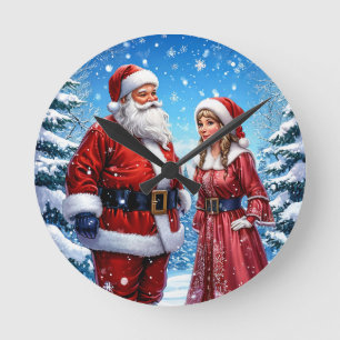 Weihnachtsmann und Frau Claus Runde Wanduhr