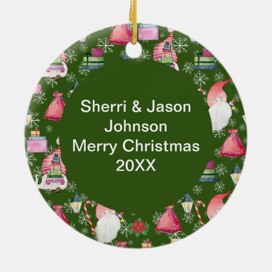 Weihnachtsmann und Grüne Muster Name & Datum Keramik Ornament (Hinten)