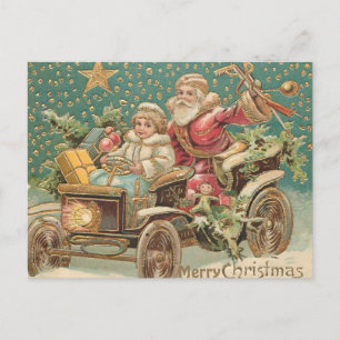 Weihnachtsmann und Helfer in einem Vintage-Auto zu Postkarte