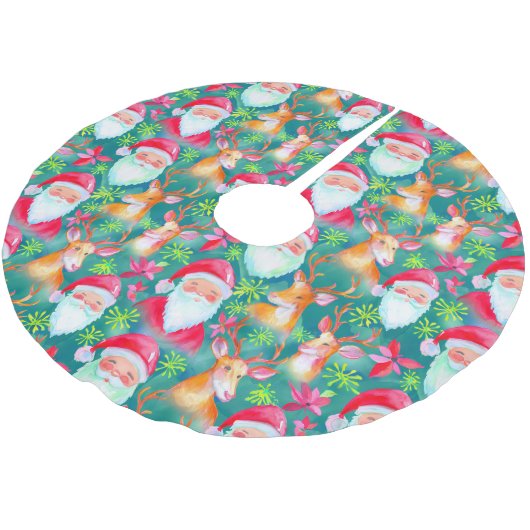 Weihnachtsmann und Hirschmuster Polyester Weihnachtsbaumdecke (Schrägansicht)