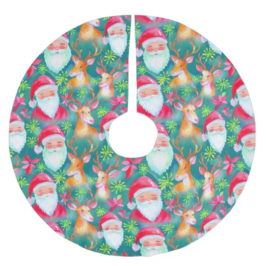 Weihnachtsmann und Hirschmuster Polyester Weihnachtsbaumdecke (Vorderseite)