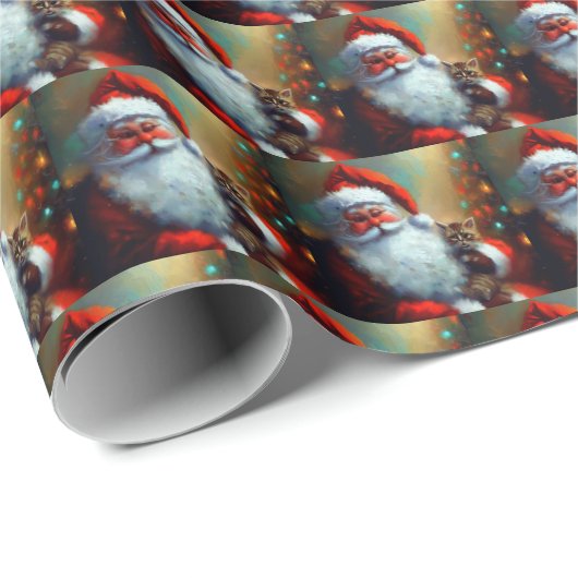 Weihnachtsmann und Katze 4 Geschenkpapier (Rolleneckpunkt)
