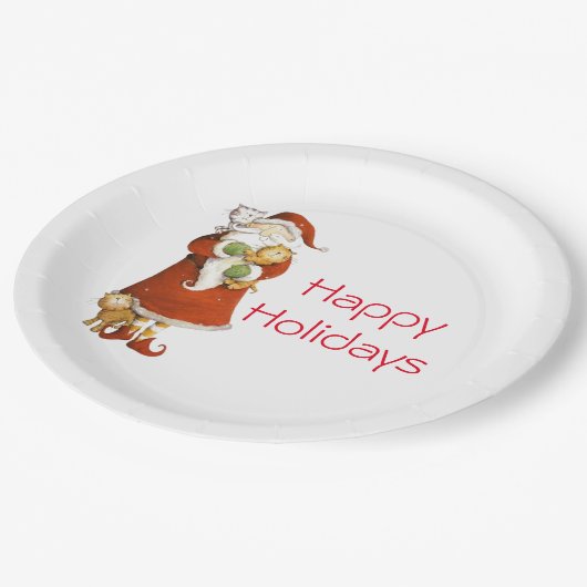 Weihnachtsmann und Katzen Urlaub Pappteller (Schrägansicht)