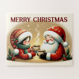 Weihnachtsmann und Kind genießen heiße Schokolade Puzzle