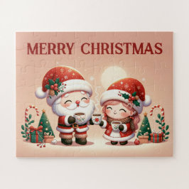 Weihnachtsmann und Kind genießen heiße Schokolade Puzzle