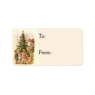 Weihnachtsmann und Kinder rund um den Vintagen Ges Adressaufkleber