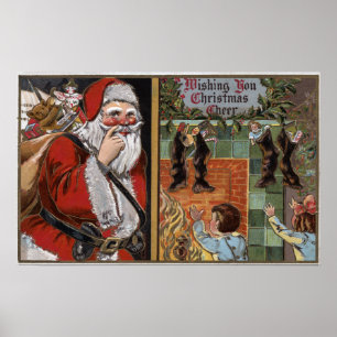 Weihnachtsmann und Kinder schauen nach Chimney Poster