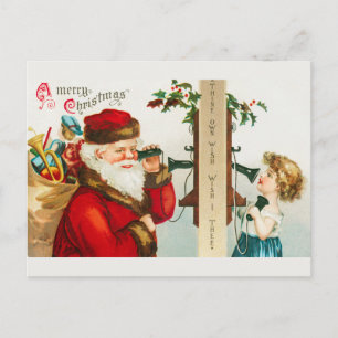 Weihnachtsmann und kleines Mädchen am Telefon Feiertagspostkarte