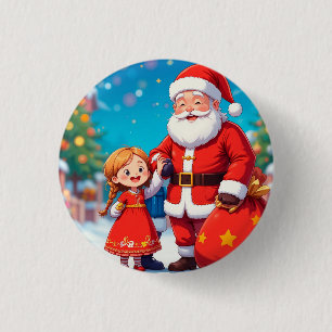 Weihnachtsmann und Mädchen mit einem Geschenkbeute Button