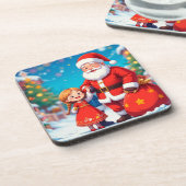 Weihnachtsmann und Mädchen mit einem Geschenkbeute Getränkeuntersetzer (Linke Seite)