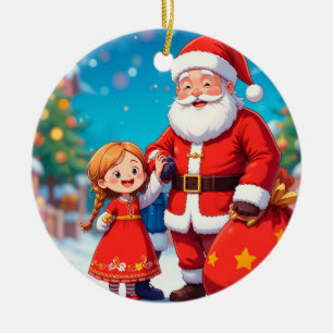 Weihnachtsmann und Mädchen mit einem Geschenkbeute Keramik Ornament