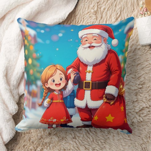 Weihnachtsmann und Mädchen mit einem Geschenkbeute Kissen (Decke)