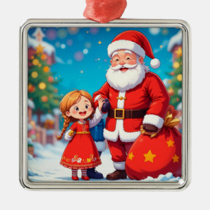 Weihnachtsmann und Mädchen mit einem Geschenkbeute Ornament Aus Metall