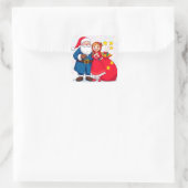 Weihnachtsmann und Mädchen mit einem Geschenkbeute Quadratischer Aufkleber (Tasche)