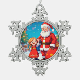 Weihnachtsmann und Mädchen mit einem Geschenkbeute Schneeflocken Zinn-Ornament