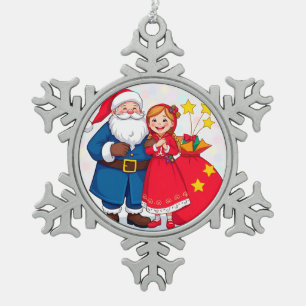 Weihnachtsmann und Mädchen mit einem Geschenkbeute Schneeflocken Zinn-Ornament