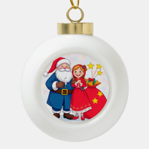 Weihnachtsmann und Mädchen mit einer Geschenktasch Keramik Kugel-Ornament