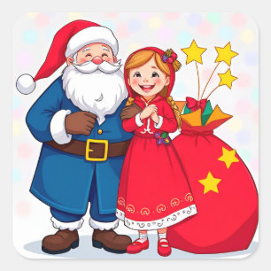 Weihnachtsmann und Mädchen mit einer Geschenktasch Quadratischer Aufkleber