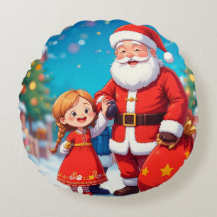Weihnachtsmann und Mädchen mit einer Geschenktasch Rundes Kissen
