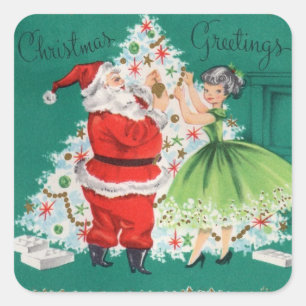 Weihnachtsmann und Mädchen schmücken Weihnachtsbau Quadratischer Aufkleber